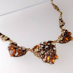 Vintage West Germany Topaz Citrine Rhinestone Filigree Festoon Necklace